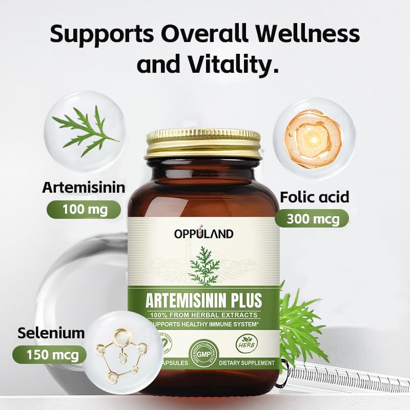 oppuland Artemisinin Plus – Sweet Wormwood Extract 100mg – Artemisia Annua Complex with Folic Acid & Selenium Gummy 30 Count