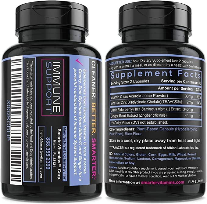 SmarterVitamins Elderberry Vitamin C Ginger Zinc Black Elder Berry Extract Capsules 180