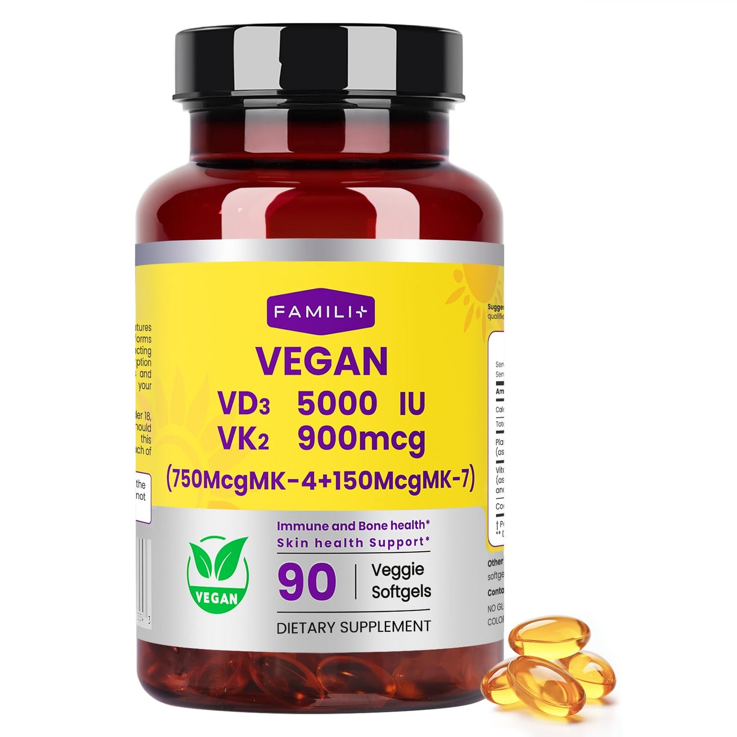 FAMILI+ Vitamin D3 + K2 Capsule, 90 Capsules, Vegan