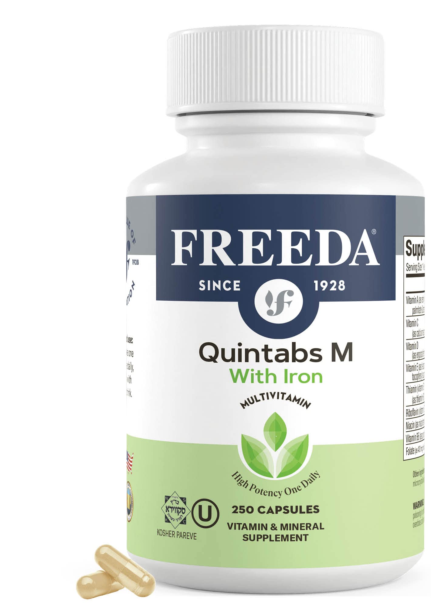 FREEDA Multivitamin One Daily Quintabs-M with Iron – Kosher Multivitamins for Women and Iron-Deficient Men, 250 Capsules