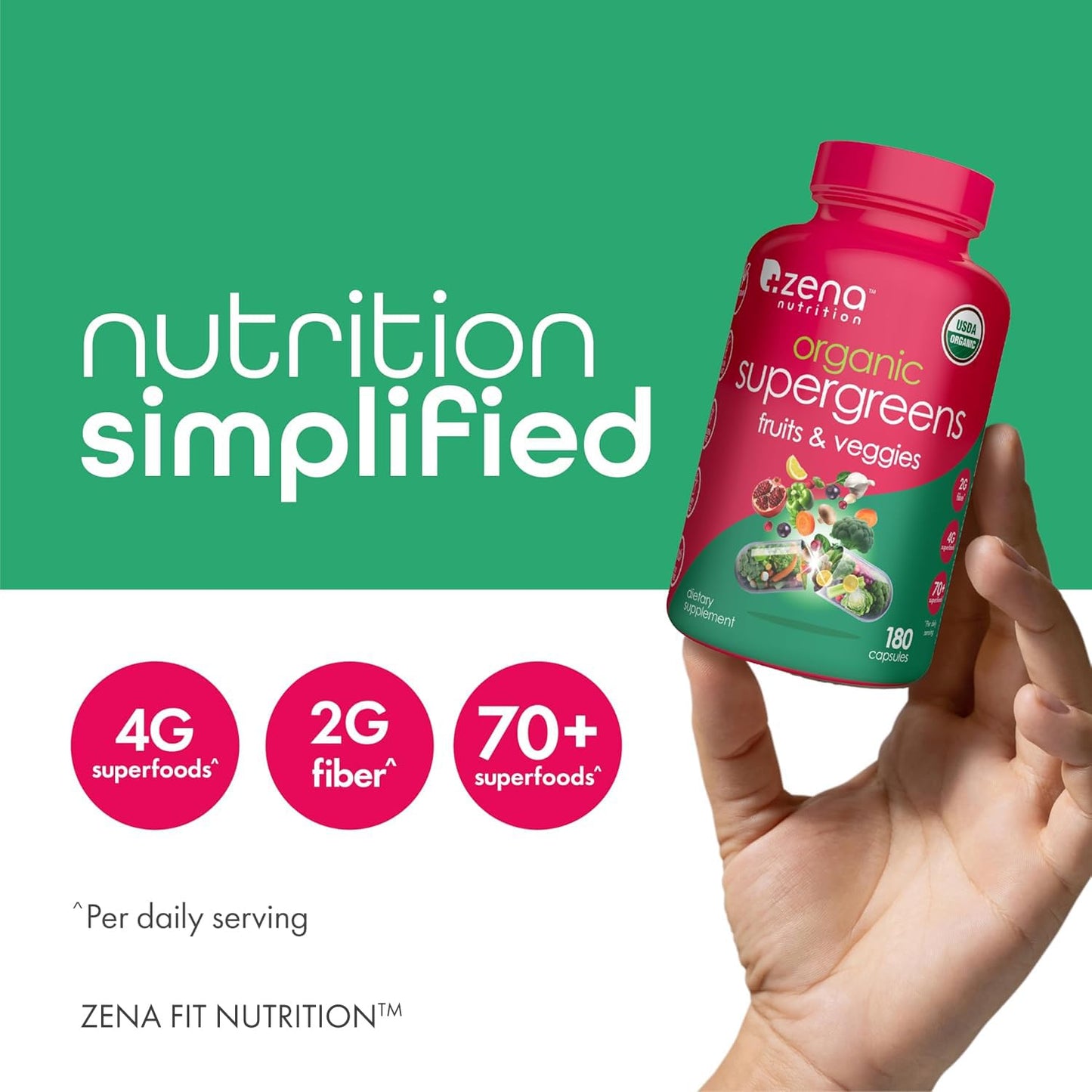 Zena Nutrition Organic Super Greens Fruit & Veggies Supplement Capsule, 180 Capsules