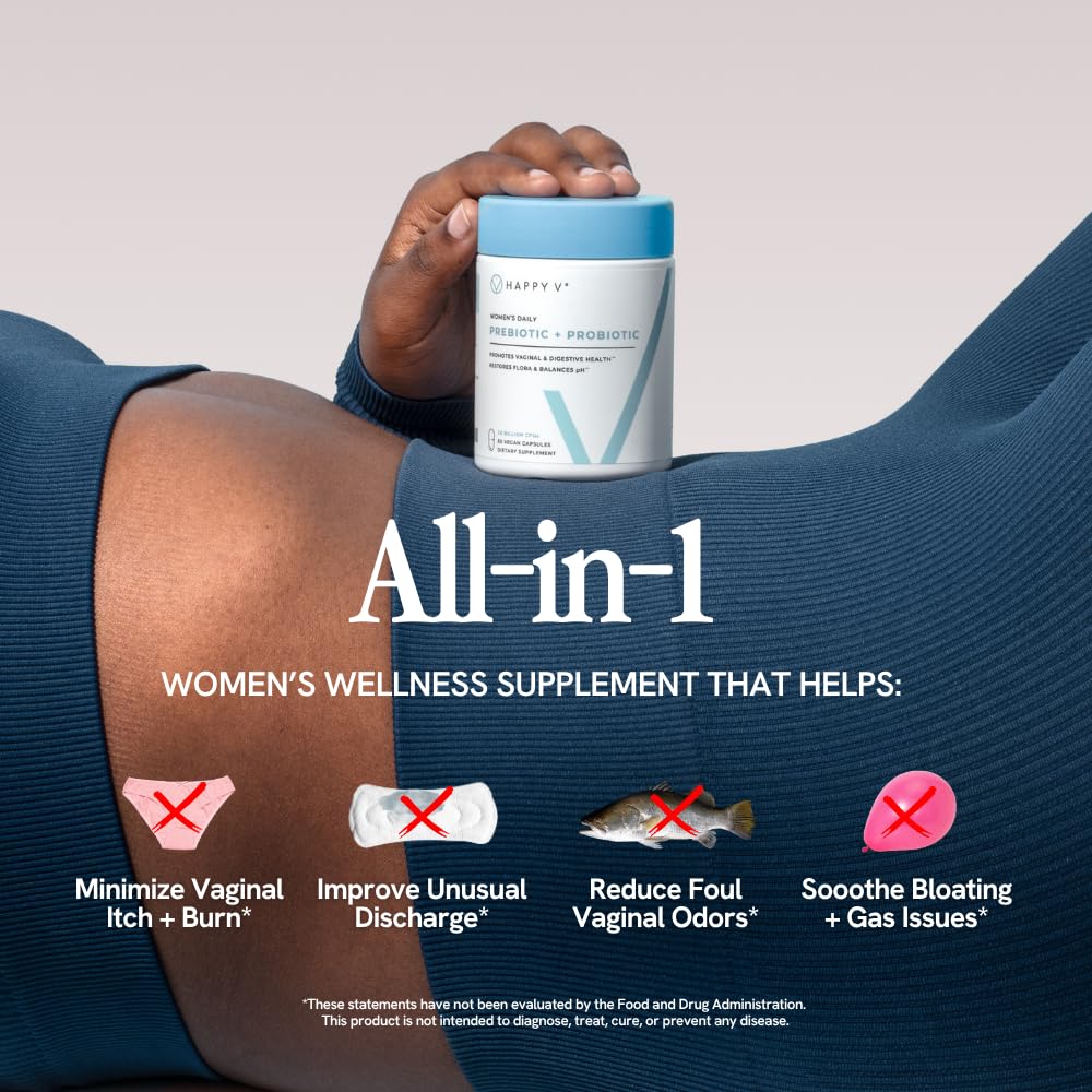 Happy V Dr. Formulated Vaginal Probiotics for Women Odor & Itch Support, Urinary & Gut Health, pH Balance Capsule 60 Count