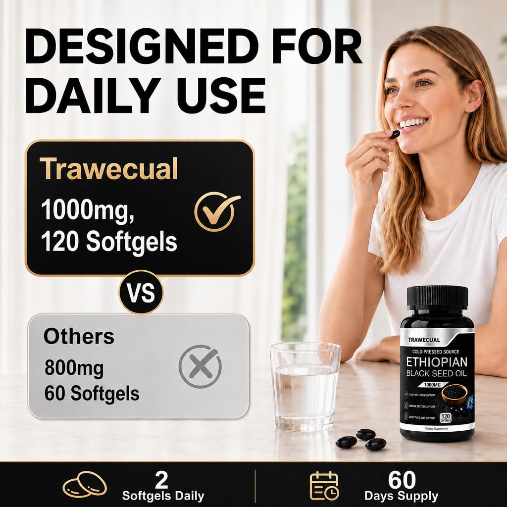 Trawecual Ethiopian Black Seed Oil Softgels, 1000mg Organic Cold Pressed Black Seed Oil, Non-GMO, Gluten-Free, 120 Softgels