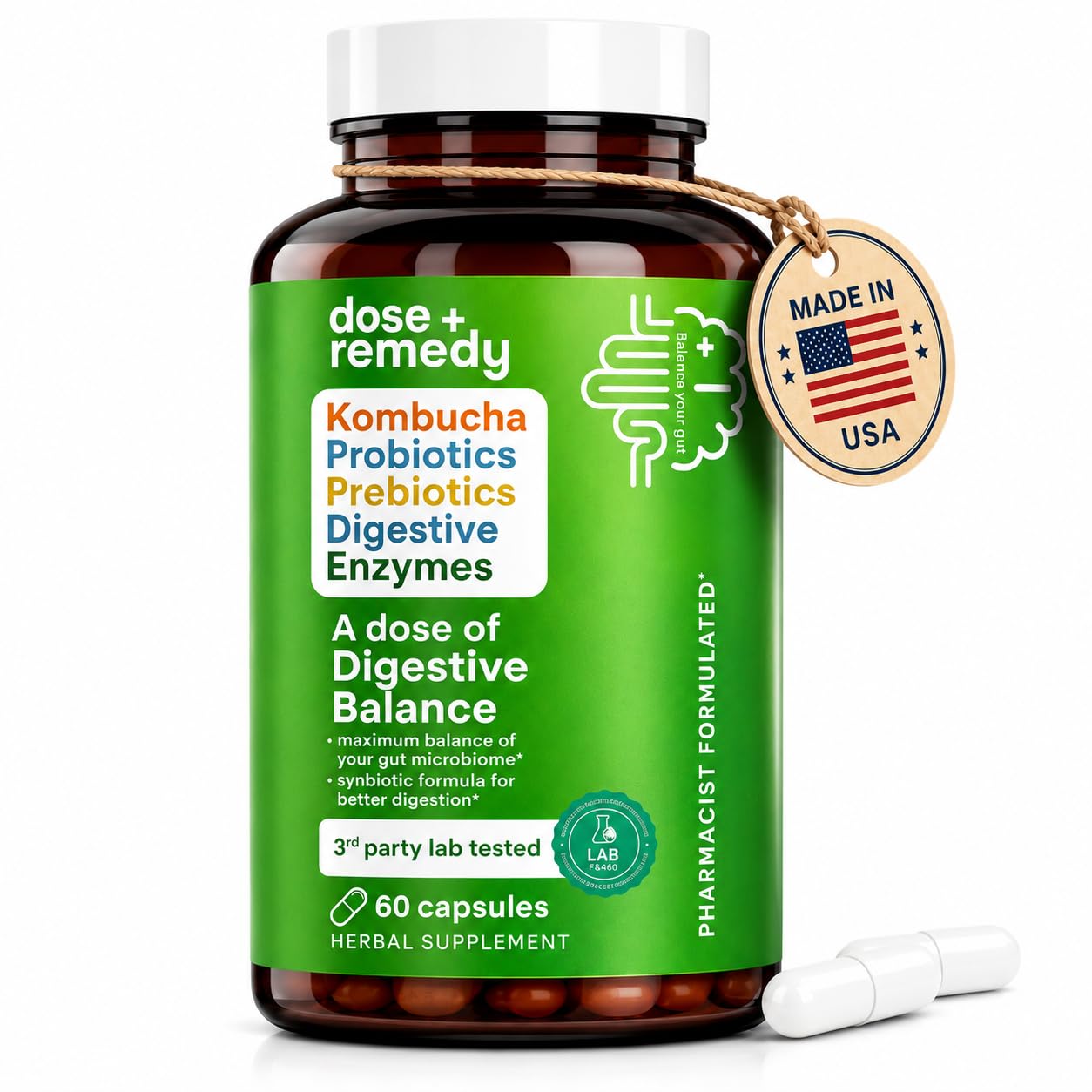 dose + remedy Digestive Balance Gut Health Supplement with 7 Probiotic Strains and Prebiotics Capsule 60 Count