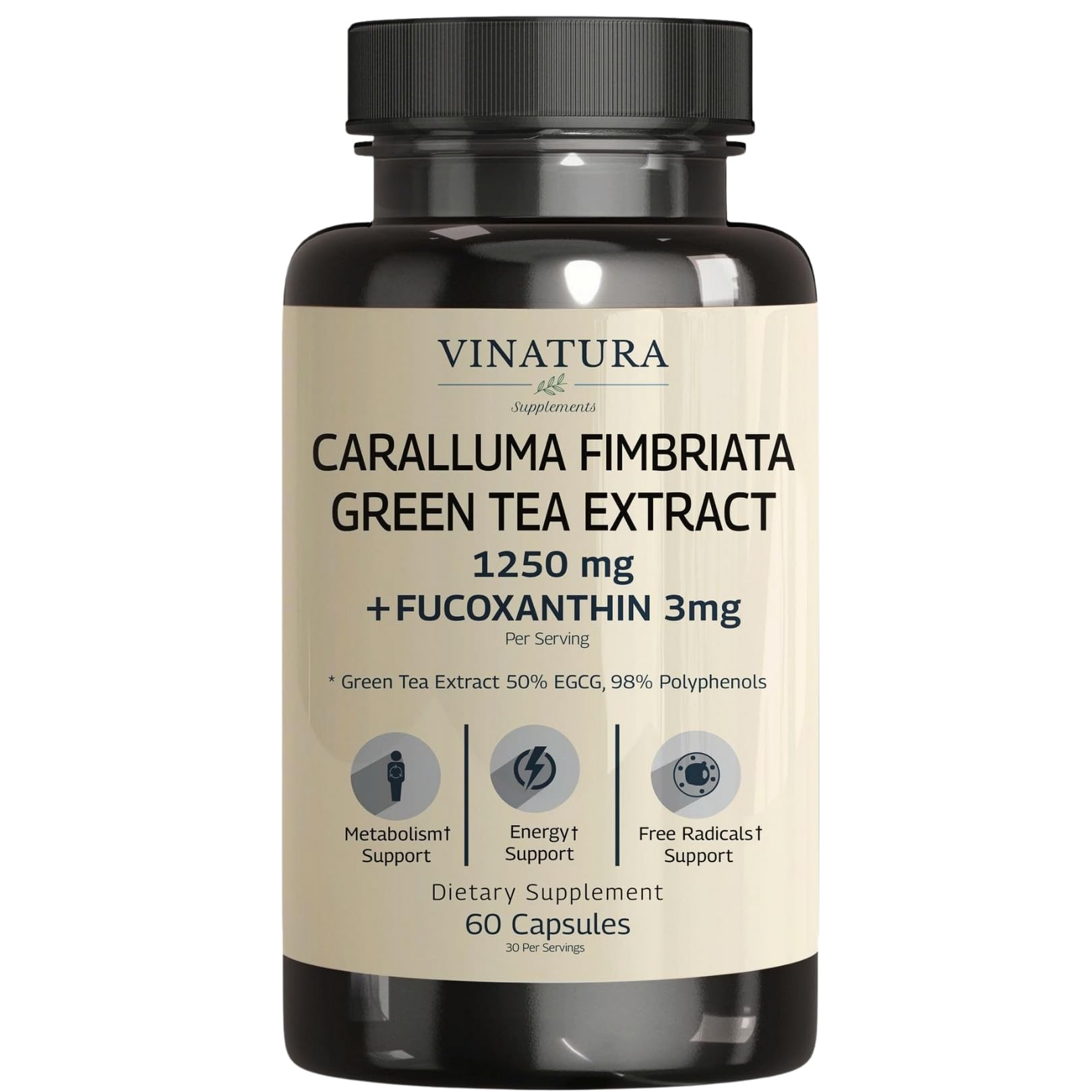 VINATURA Caralluma Fimbriata, EGCG 45% Extract 1250mg + Fucoxanthin 3mg per Serving Capsule, 60 Count