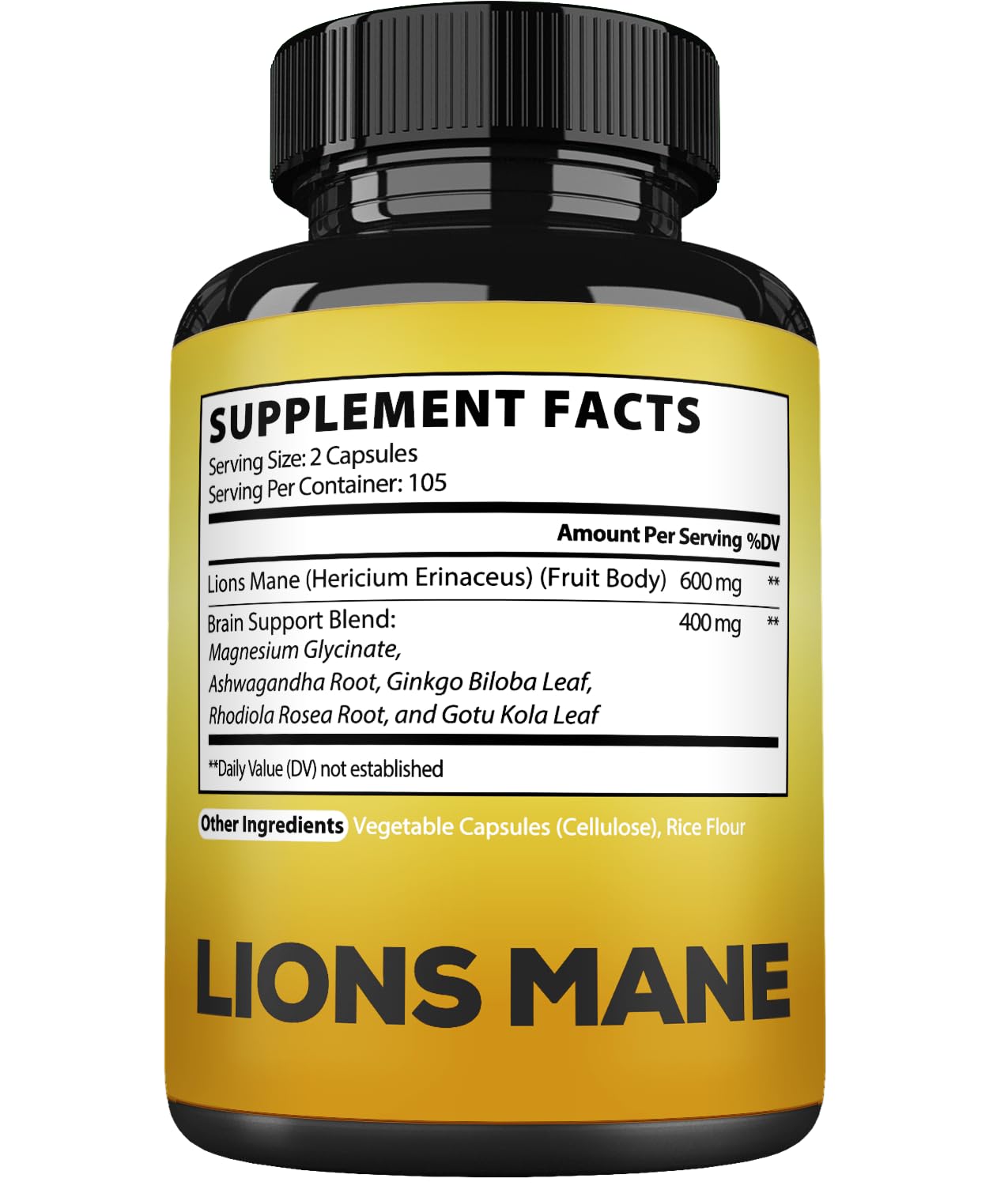 Satoomi Lions Mane Supplement Capsules with Magnesium, Ashwagandha, Ginkgo Biloba, Rhodiola Rosea and Gotu Kola - 210 Vegan Capsules