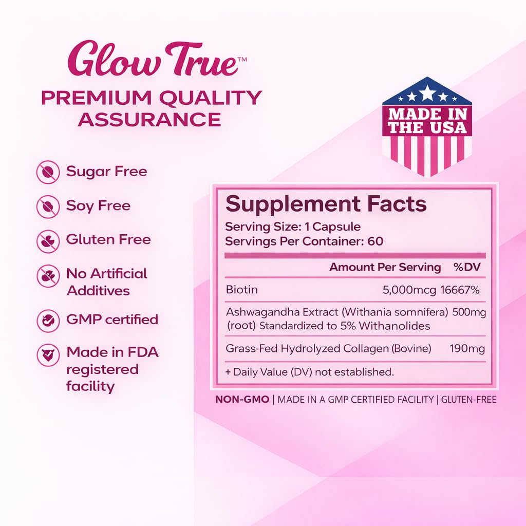 GlowTrue Ashwagandha for Women with Biotin & Collagen – 500mg Female-Optimized Stress & Hormone Support, Hair Skin & Nails – Non-GMO, Gluten-Free Capsules, 60 Count