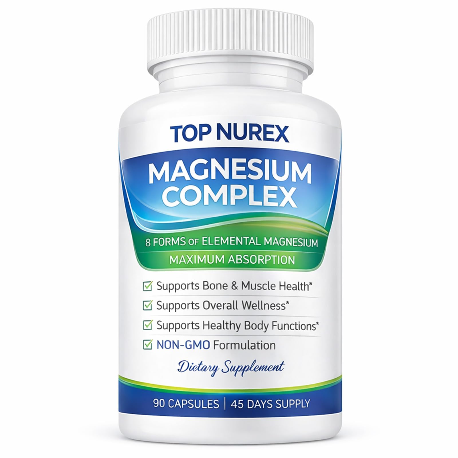 Top Nurex Magnesium Complex 1000 mg, 8-Source Magnesium Blend with Glycinate, Citrate, Malate & Taurate, Vegan Formula, Non-GMO, 90 Capsules