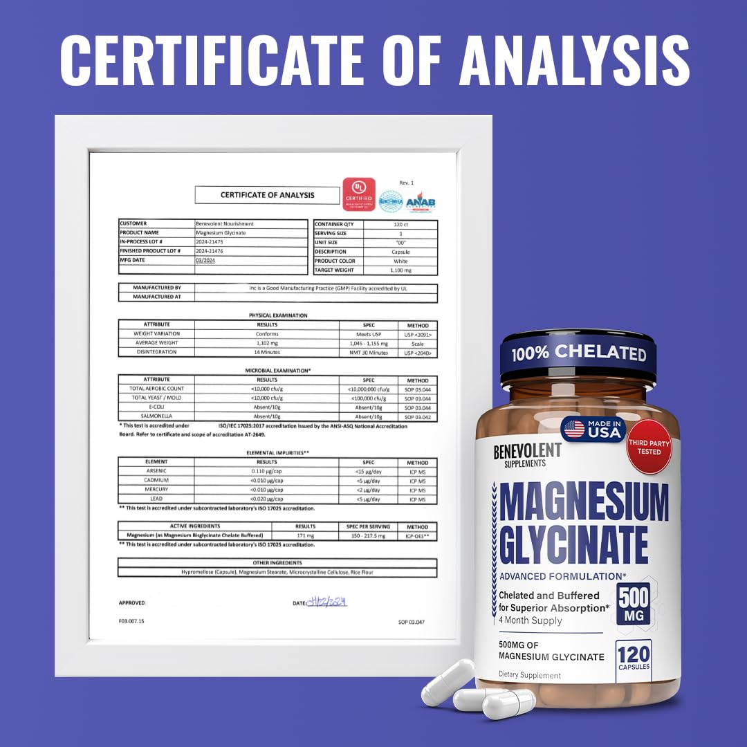 Benevolent Nourishment Magnesium Glycinate Capsules 500mg, High Absorption Formula, 120 Capsules