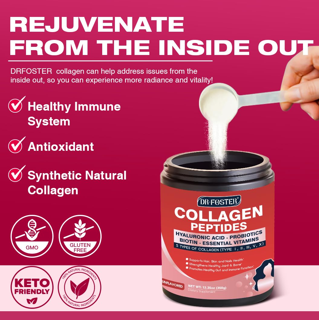 DRFOSTER Multi Collagen Peptides Powder with Probiotics - Type I II III V X - Hydrolyzed Collagen Peptides with Multivitamins, Hyaluronic Acid & Biotin - Support Skin Hair Nail Joints & Gut, 12.35 Ounce