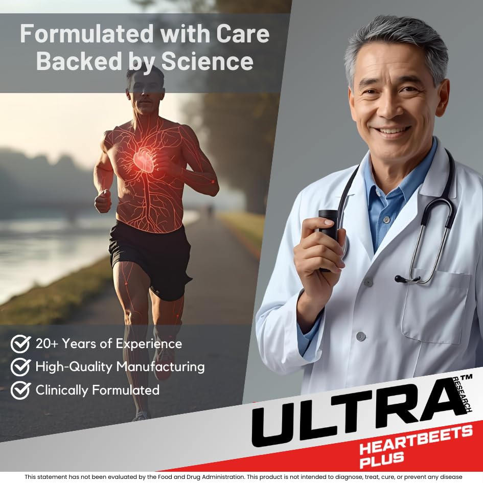Ultra Research HeartBeets Plus Beet Root, L-Arginine, L-Citrulline, 10-in-1 Circulation Formula - Nitric Oxide Booster, Cardiovasular and Heart Health Supplement, 90 Tablets