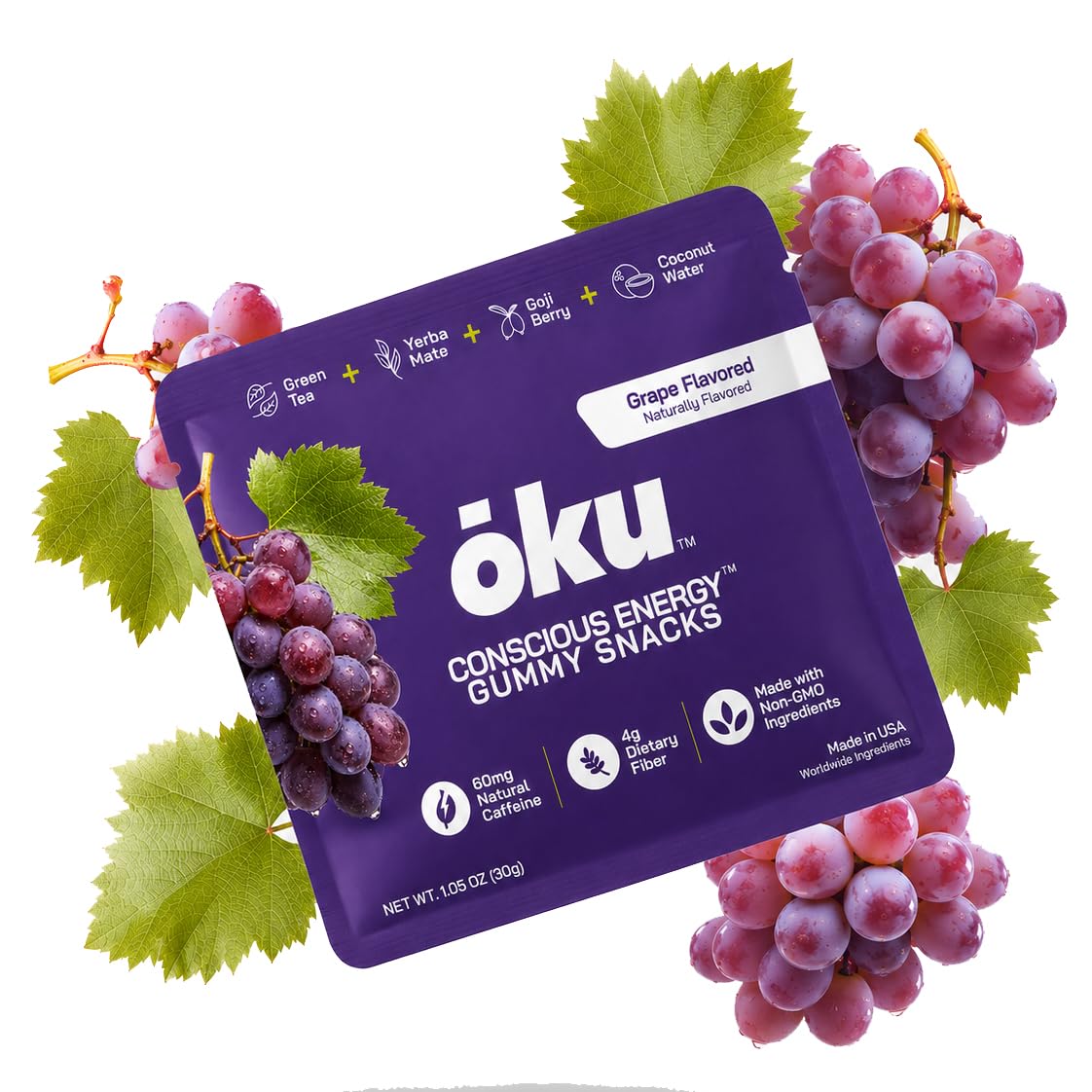 OKU Energy Gummies with Caffeine from Green Tea & Yerba Mate, Gummy, 8-Pack, Grape