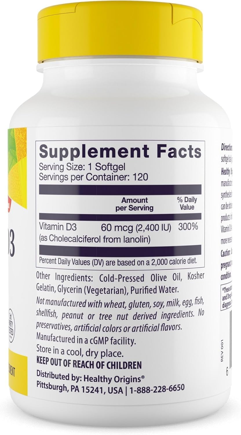 Healthy Origins Vitamin D3 2,400 Lulanolin Gels Softgels, 120 Count