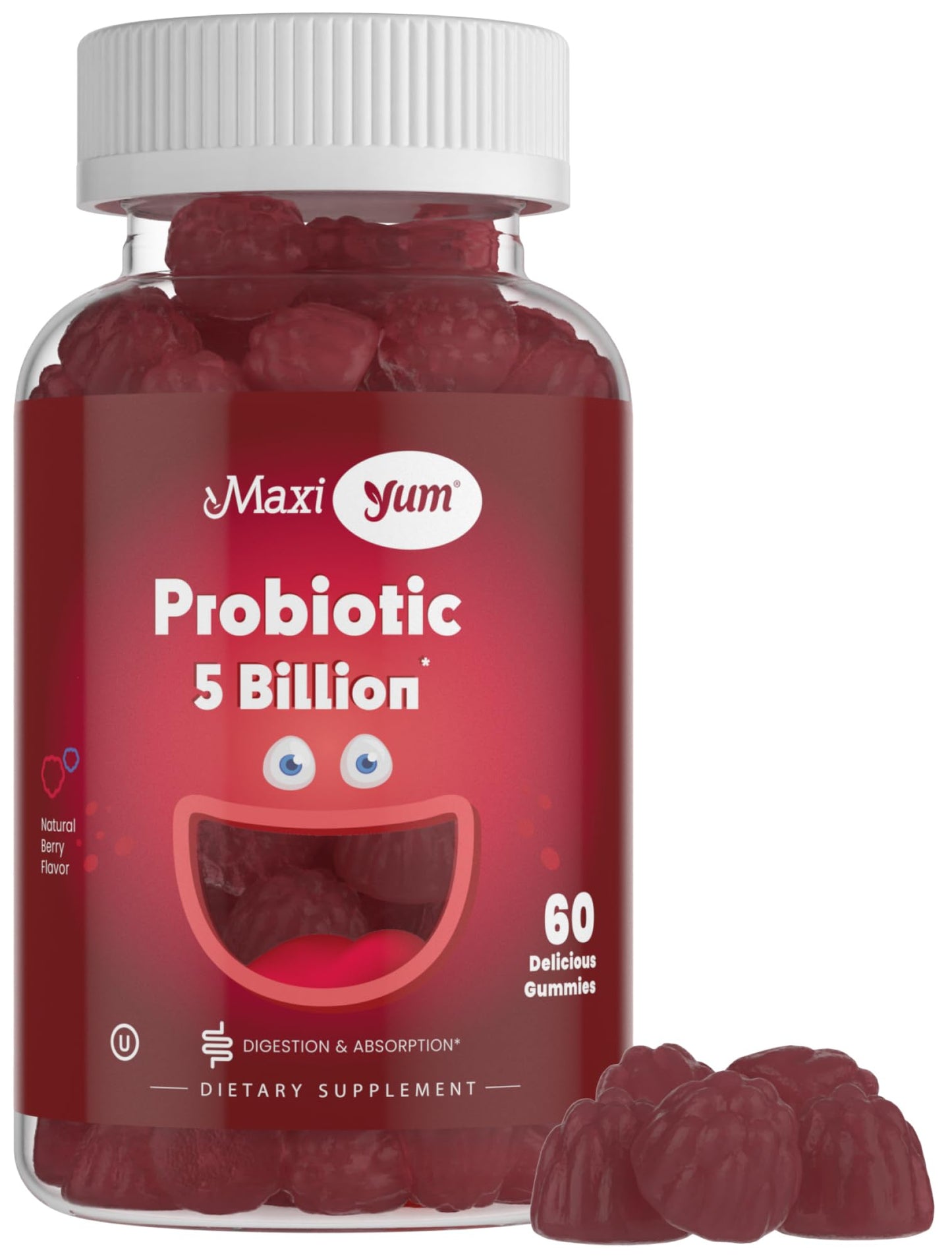 Maxi Health Yum Probiotic Gummies, 5 Billion CFUs, Gut Health, Kosher Certified, Natural Berry Flavor, 60 Gummies