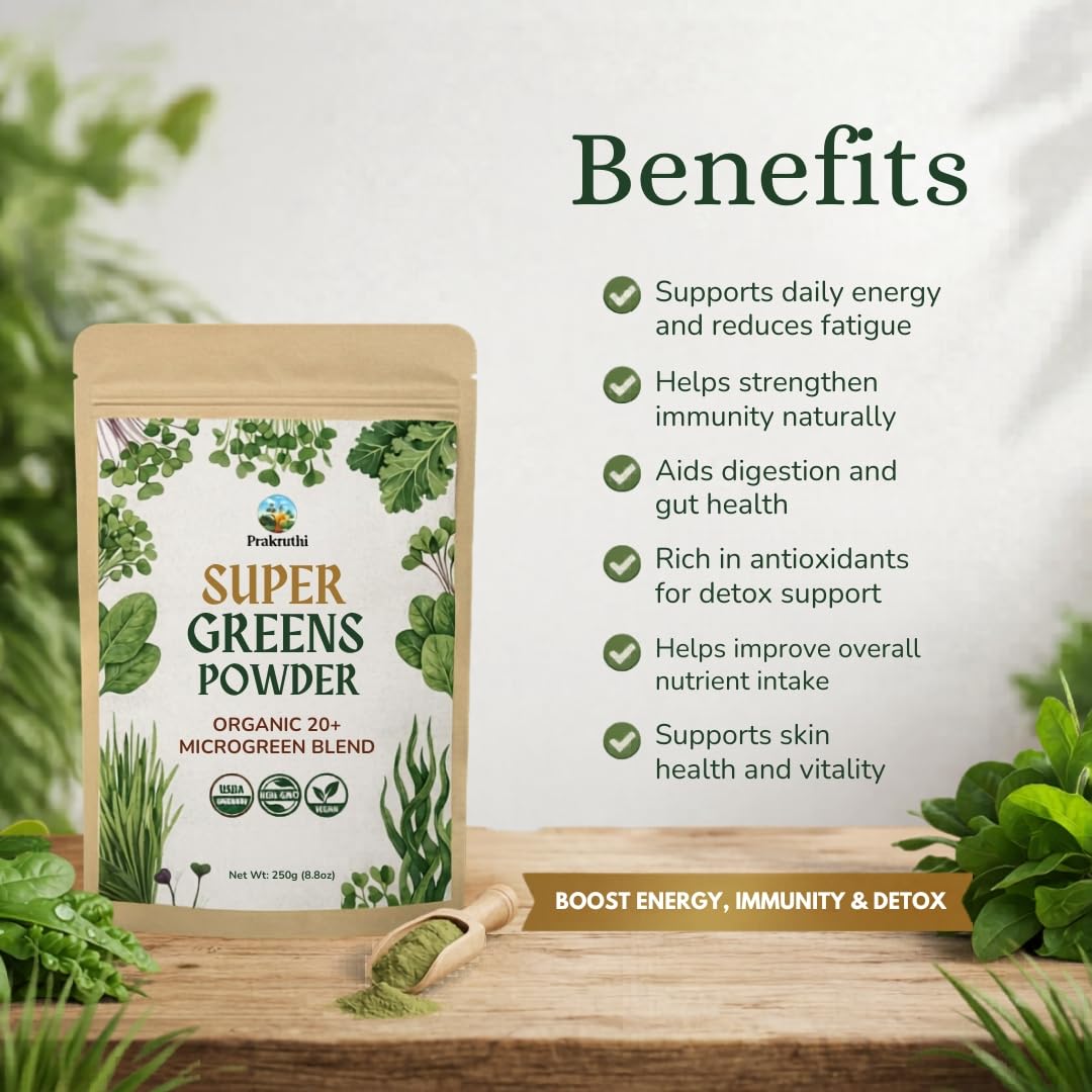 Prakruthi Super Greens Powder 8.8 oz Organic 20+ Microgreen Powder