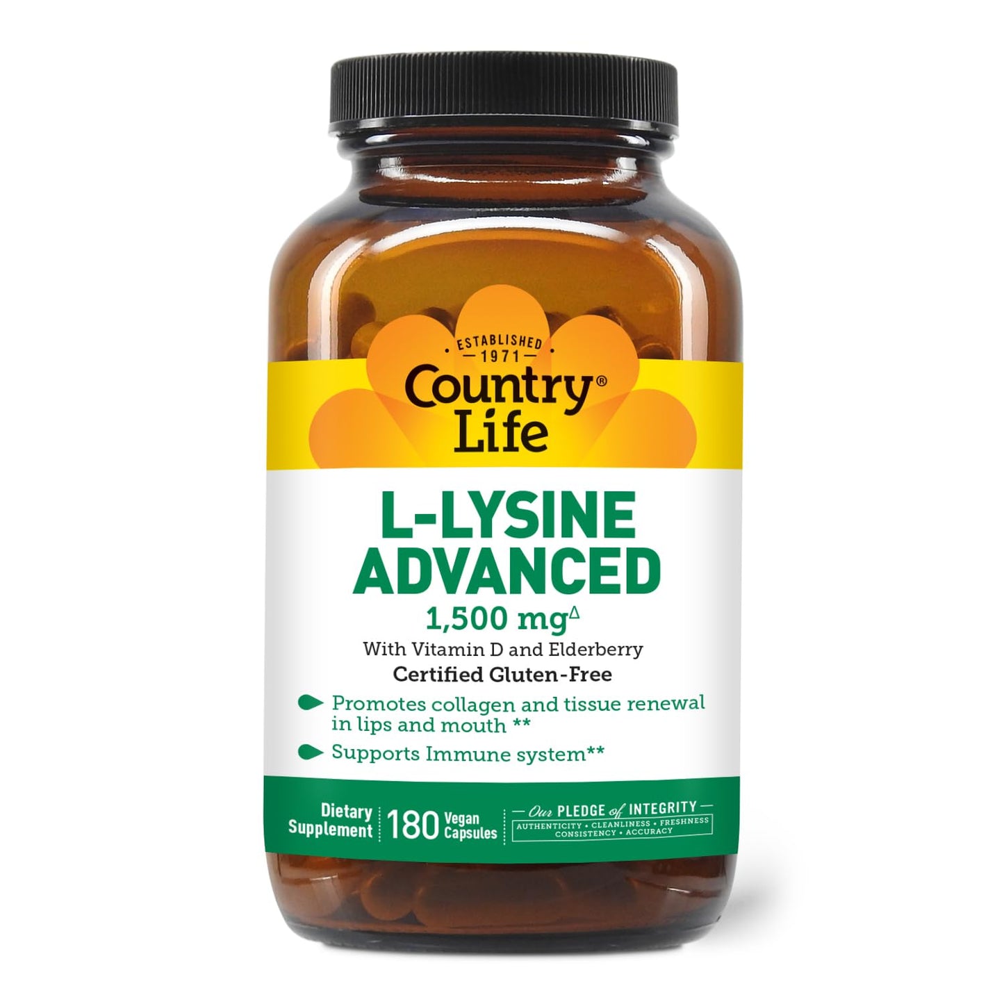 Country Life L-Lysine 1500mg Capsules with Vitamin D & Elderberry – Advanced Immune Support and Collagen Renewal – Gluten-Free & Vegan, 180 Count