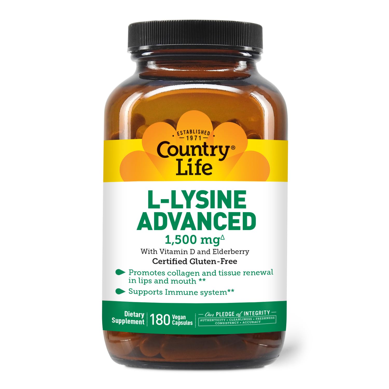 Country Life L-Lysine 1500mg Capsules with Vitamin D & Elderberry – Advanced Immune Support and Collagen Renewal – Gluten-Free & Vegan, 180 Count