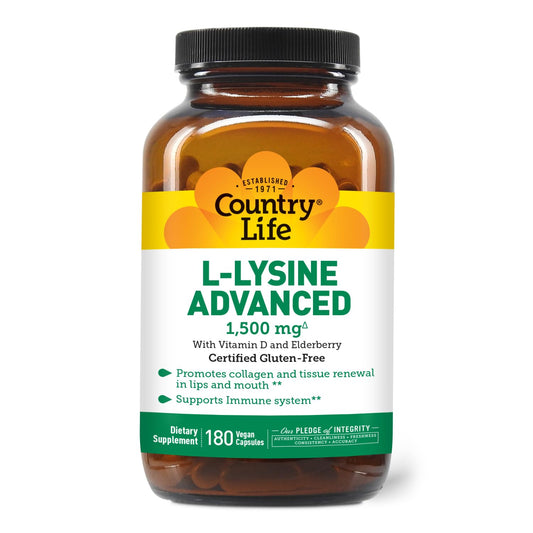 Country Life L-Lysine 1500mg Capsules with Vitamin D & Elderberry – Advanced Immune Support & Collagen Renewal, Certified Gluten-Free & Vegan – 180 Capsules