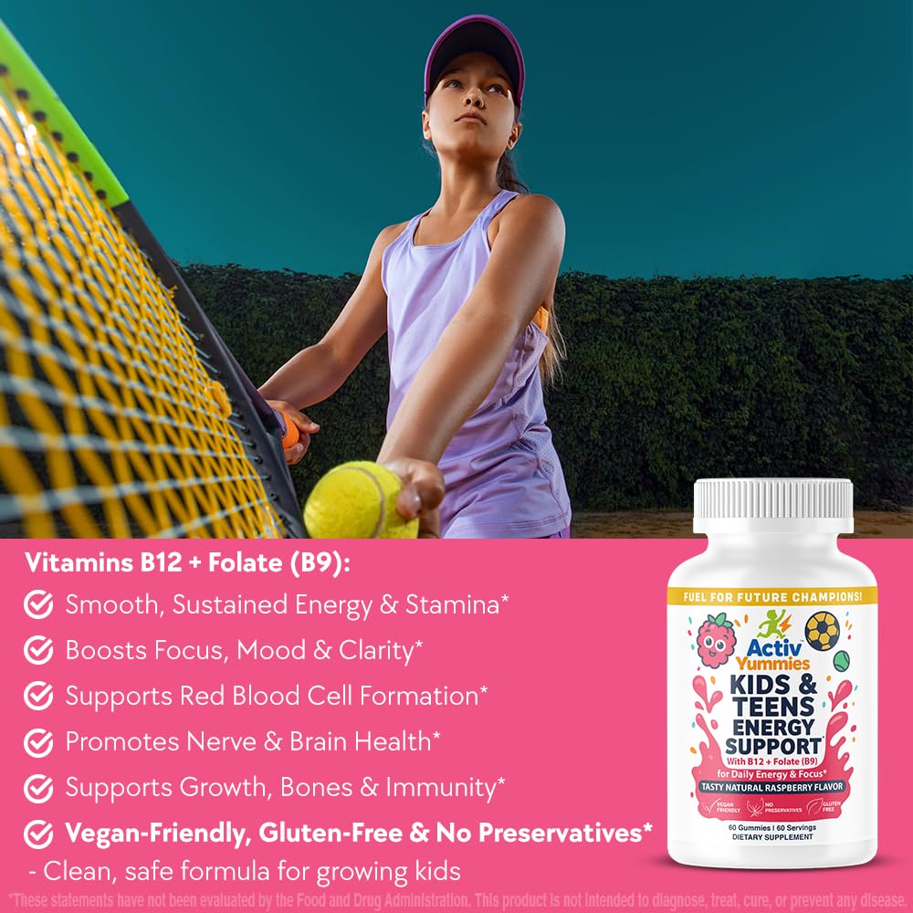 ActivYummies Kids & Teens Energy Support with Vitamin B12 + Folate (B9) - Supports Energy Production, Brain Function & Metabolism - Gummy, 60 Count