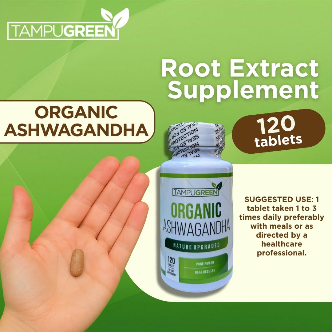 TAMPUGREEN Organic Ashwagandha 675 mg Root Extract with Black Pepper Caplets 120