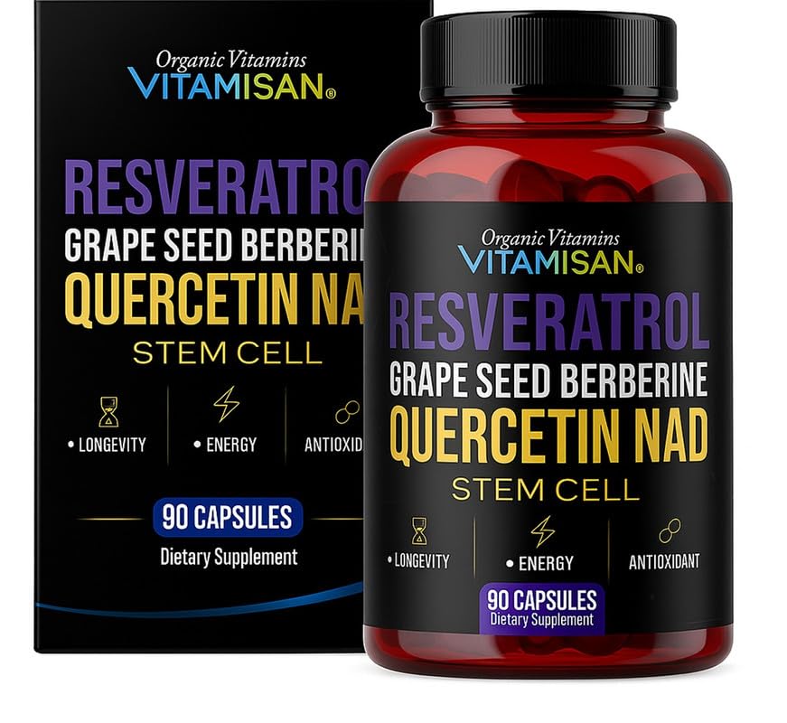 VITAMISAN Resveratrol NAD+ Quercetin Berberine & Grape Seed Antioxidant Energy Formula NMN Nicotinamide Riboside, 180 Capsules