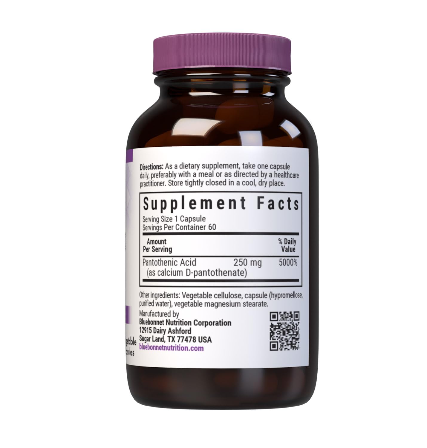 BlueBonnet Pantothenic Acid 250 mg Daily Vitamin B5 Supplement for Cellular Energy, 60 Capsules