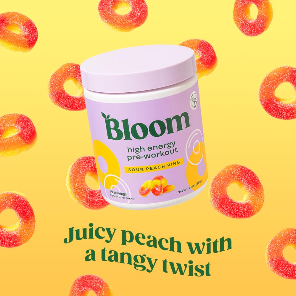 Bloom Nutrition Sour Peach Ring Pre Workout Powder and Raspberry Lemon Creatine Powder Bundle