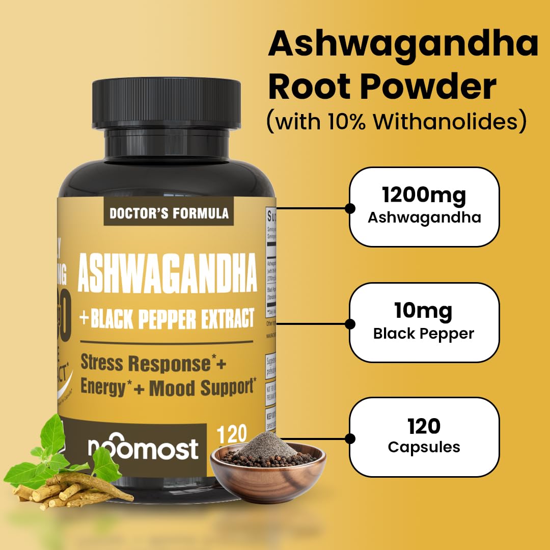 NooMost Ashwagandha 1200mg Supplement with Black Pepper Extract, 10% Withanolides, Capsules, 120 Count