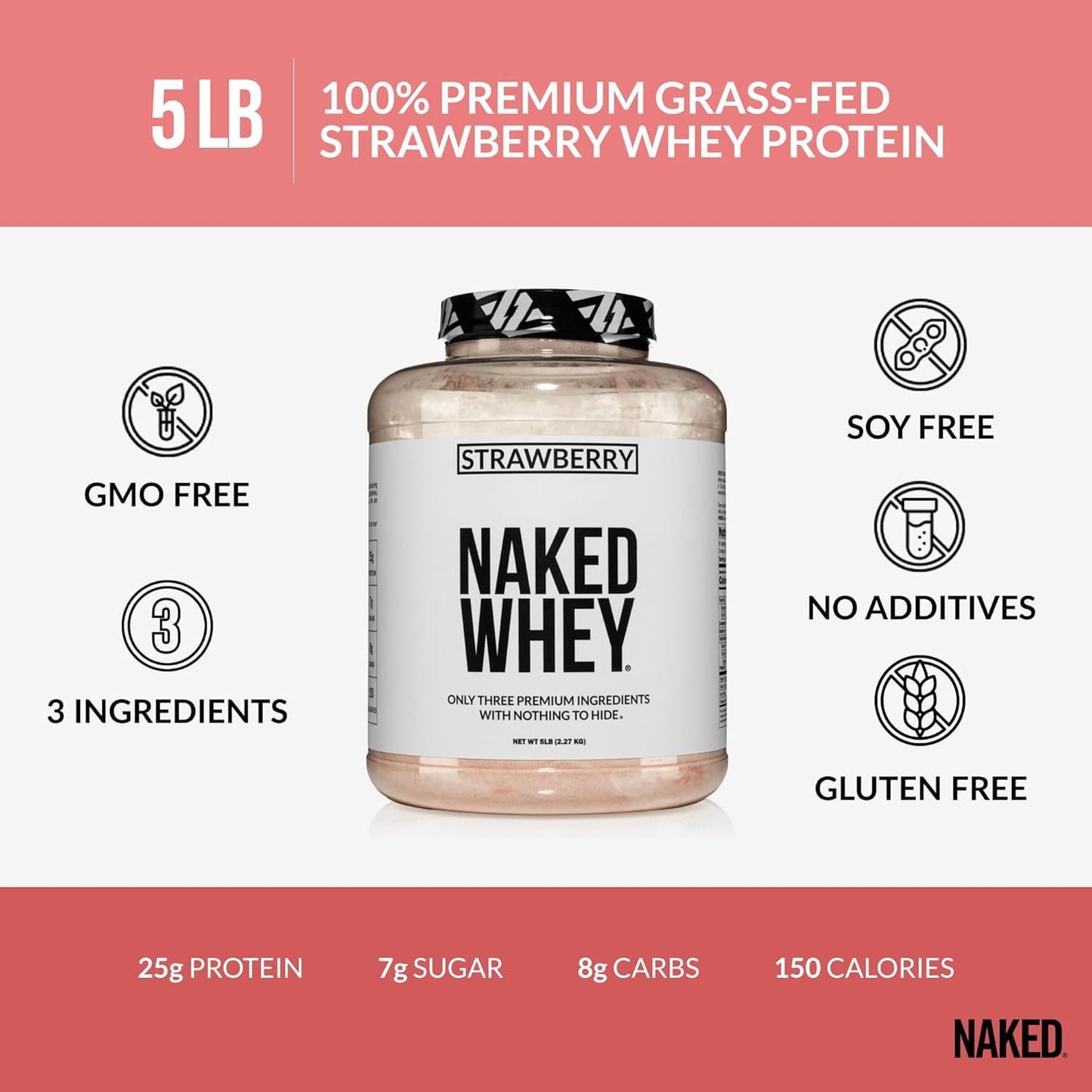 NAKED Strawberry Whey Protein Powder, 5 lb, 80 Servings