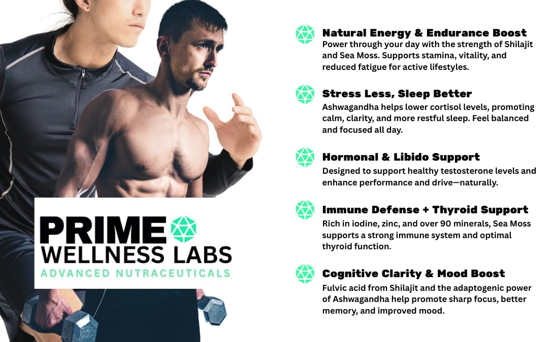 Prime Wellness Labs Ashwagandha, Shilajit & Sea Moss Gummies - 3-in-1 Formula – Energy, Immune Support & Stress Relief – Natural Daily Supplement for Men – 60 Gummies
