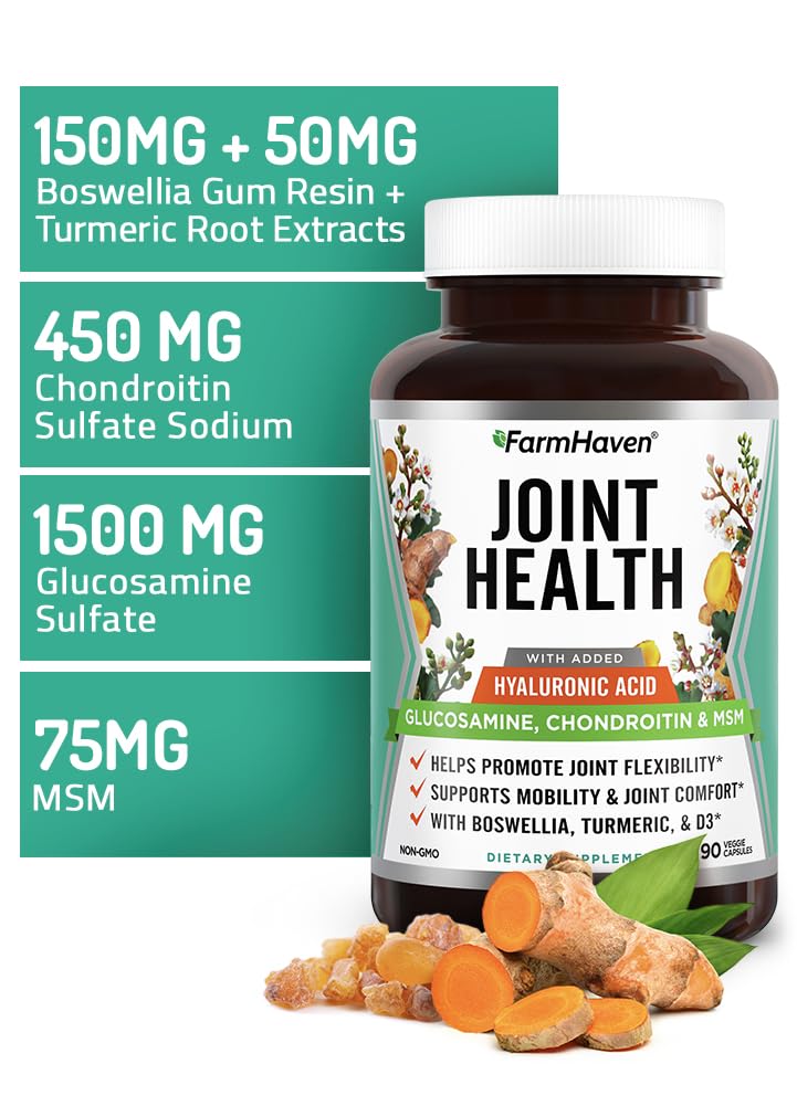 FarmHaven Glucosamine Chondroitin MSM with Boswellia, Turmeric, Added Hyaluronic Acid & Vitamin D3, Joint & Inflammation Support, Non-GMO & Gluten Free, 90 Capsules