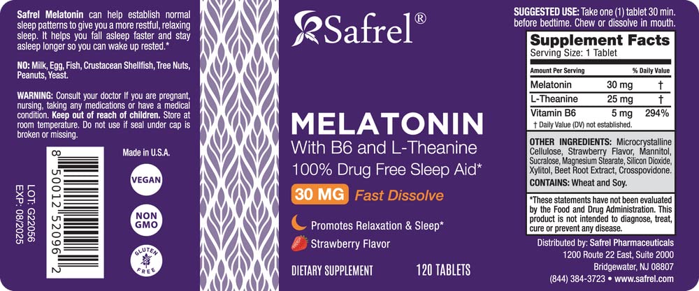 Safrel Melatonin 30mg with B6 & L-Theanine Chewable Tablets, 120 Tablets