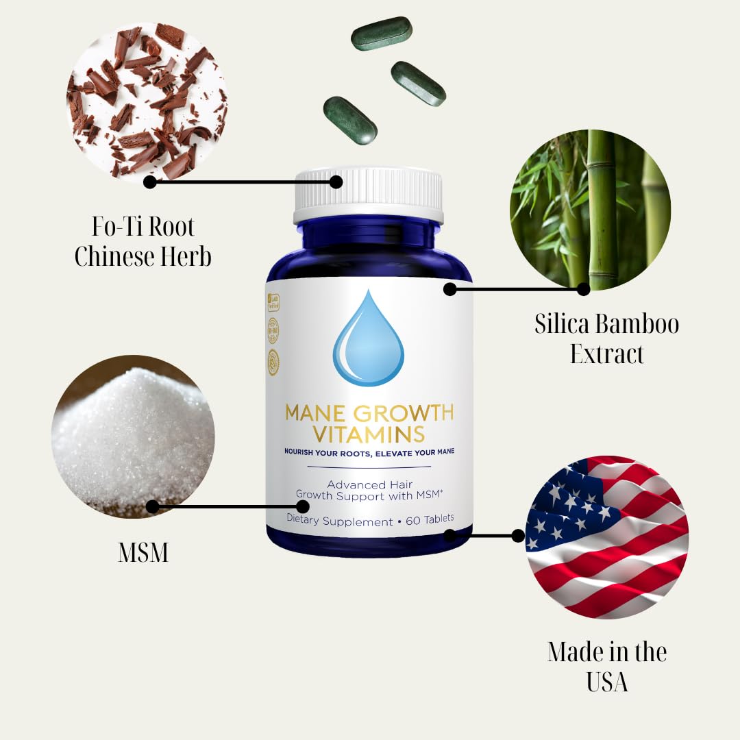 Mane Growth Hair Vitamins - All Natural MSM Biotin Vitamins for Women & Men - Supports Healthy Hair Growth - 60 Tablets