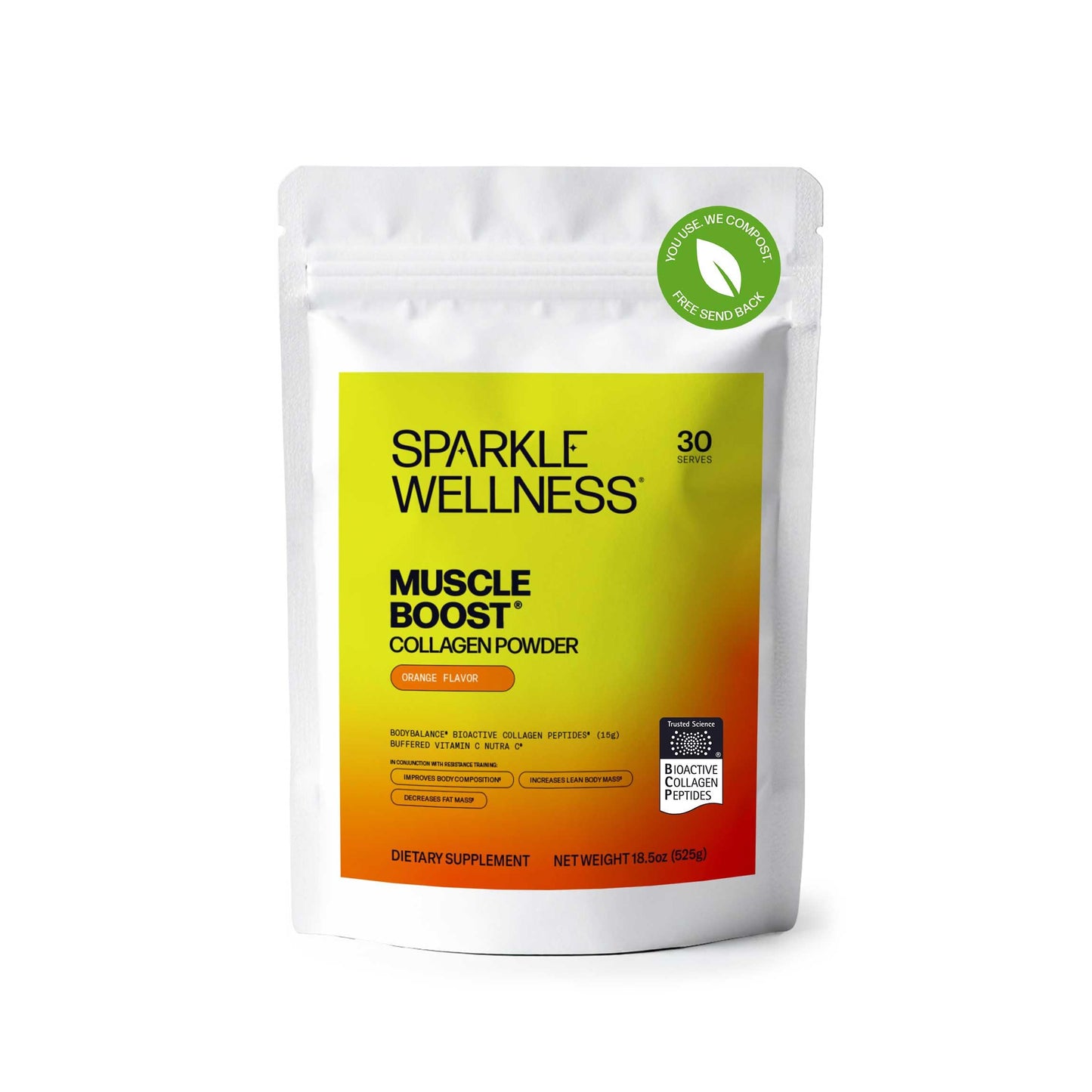 Sparkle Wellness BODYBALANCE Bioactive Collagen Peptides Collagen Powder Supplement with Hydrolyzed Collagen Peptides & Buffered Vitamin C, Muscle Boost (Orange), 30 Servings