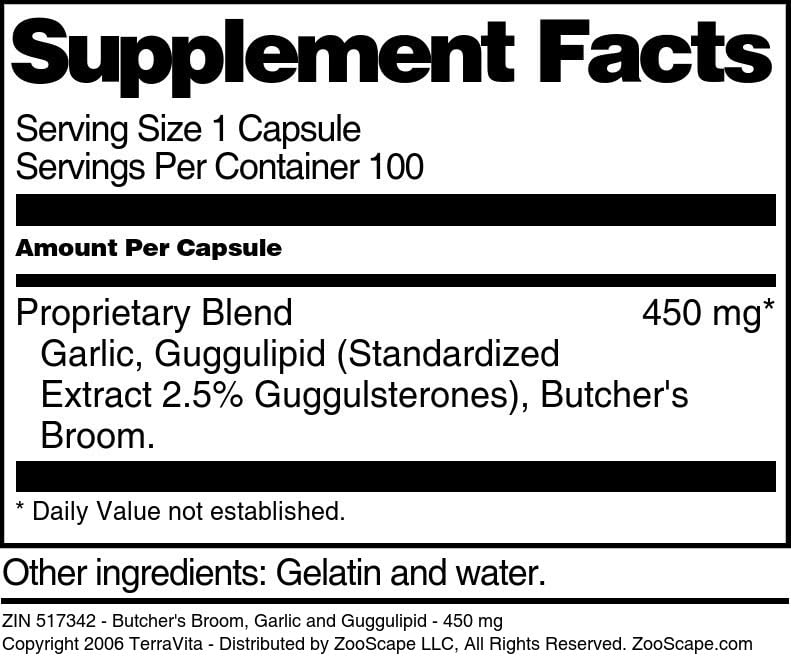 Terravita Butcher's Broom, Garlic and Guggulipid - 450 mg Capsules, 100 Count