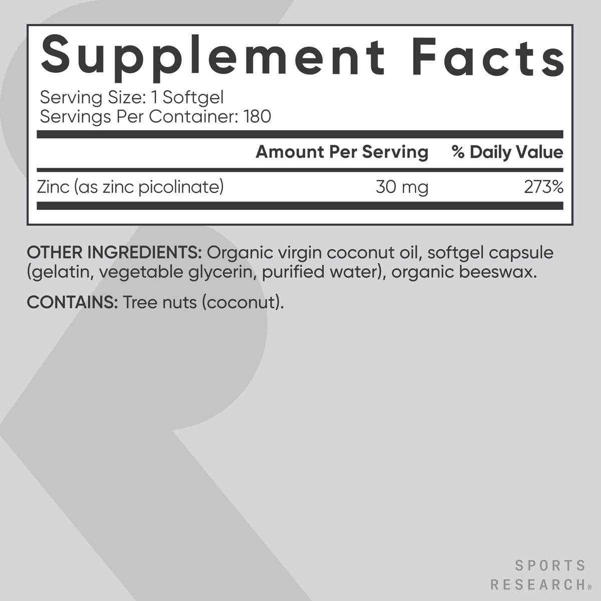 Sports Research High Potency Zinc Picolinate 30mg with Organic Coconut Oil Softgels, 180 Count