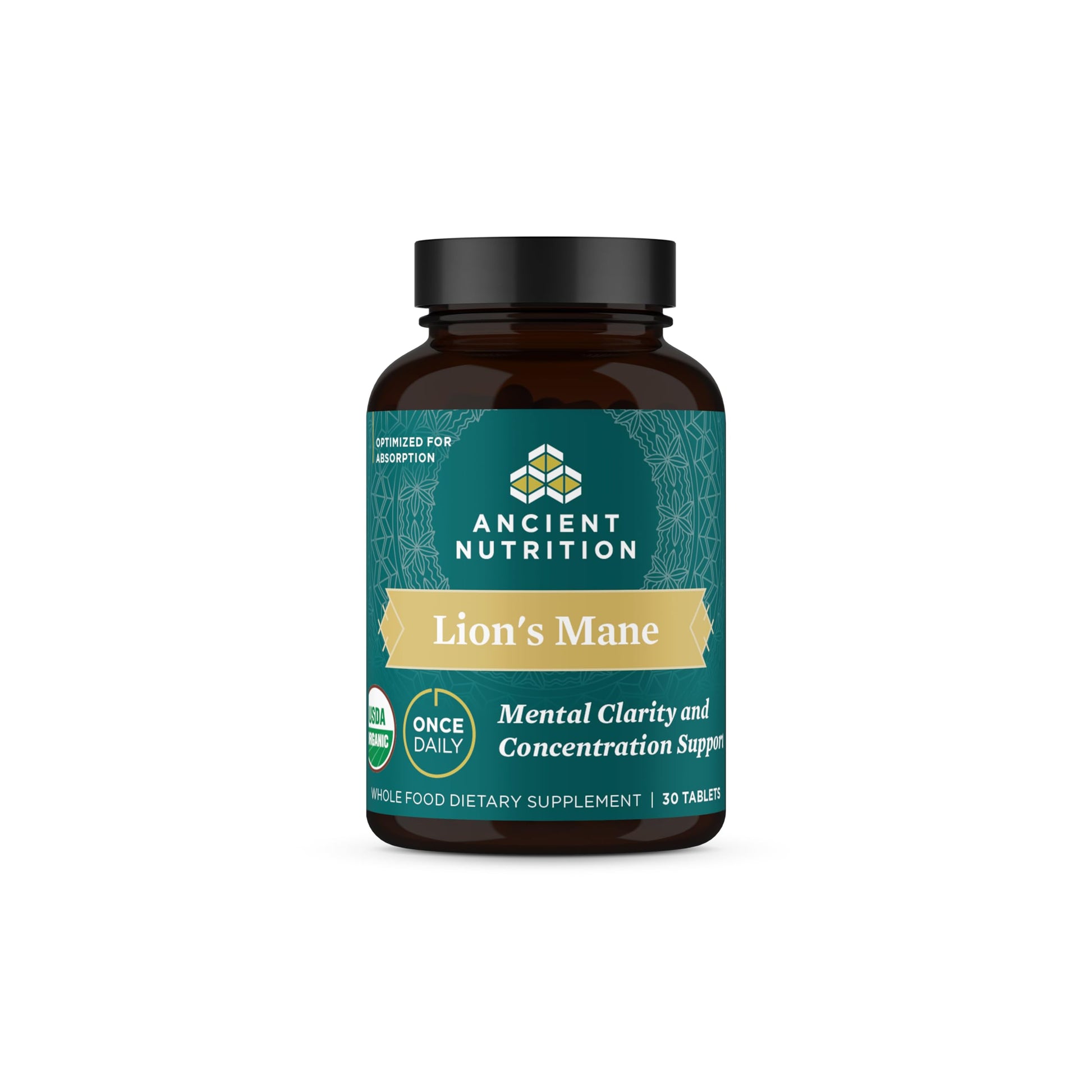 Ancient Nutrition Organic Lion's Mane Mushroom Supplement with Ashwagandha Tablets, 30 Tablets