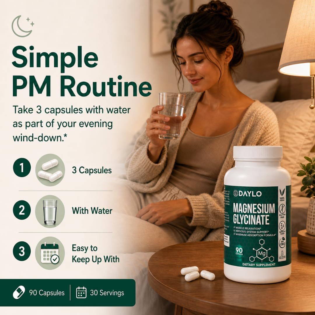 DAYLO Magnesium Glycinate Capsules 275 mg Elemental Magnesium Daily Magnesium Supplement for Relaxation, Muscle Function & Nighttime Routine Support, 90 Capsules