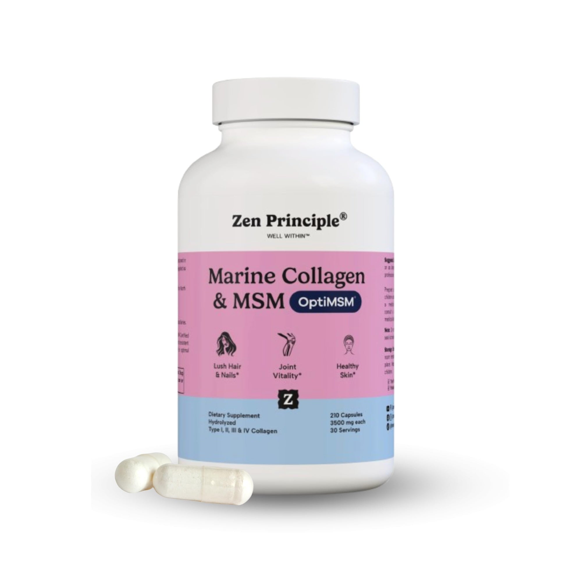 Zen Principle Marine Collagen Peptides Powder with OptiMSM Supplement 210 Capsules