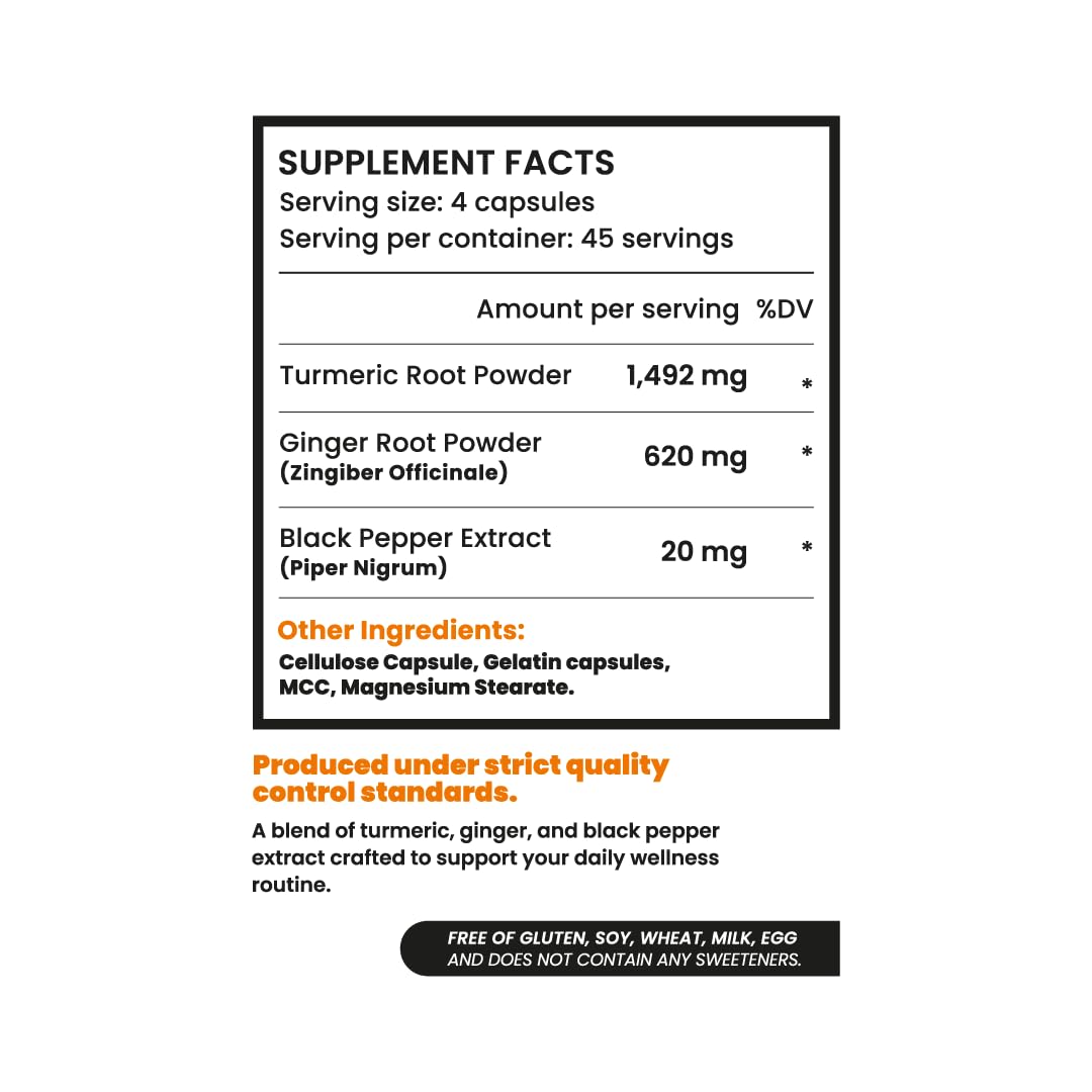 JESSICA WELLNESS Turmeric Curcumin Capsules with Black Pepper and Ginger, 180 Count