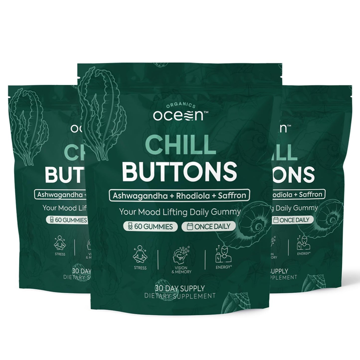 Organics Ocean Chill Buttons Ashwagandha Gummies with Organic KSM-66, Saffron & Rhodiola Rosea - Supports Relaxation, Mood, Focus & Energy, 27 Count