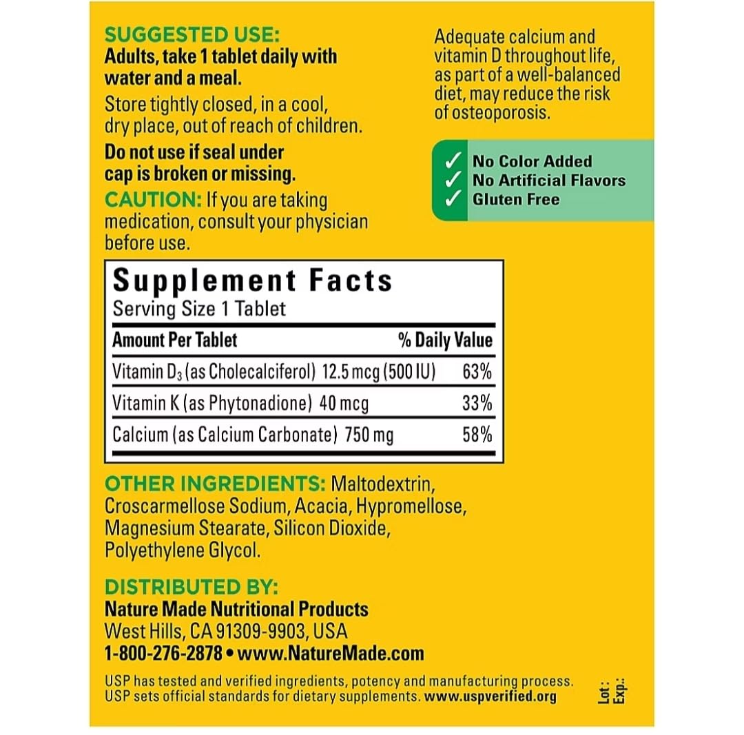 Nature Made Calcium 750 mg with D3 & K Tablets, 300 Count