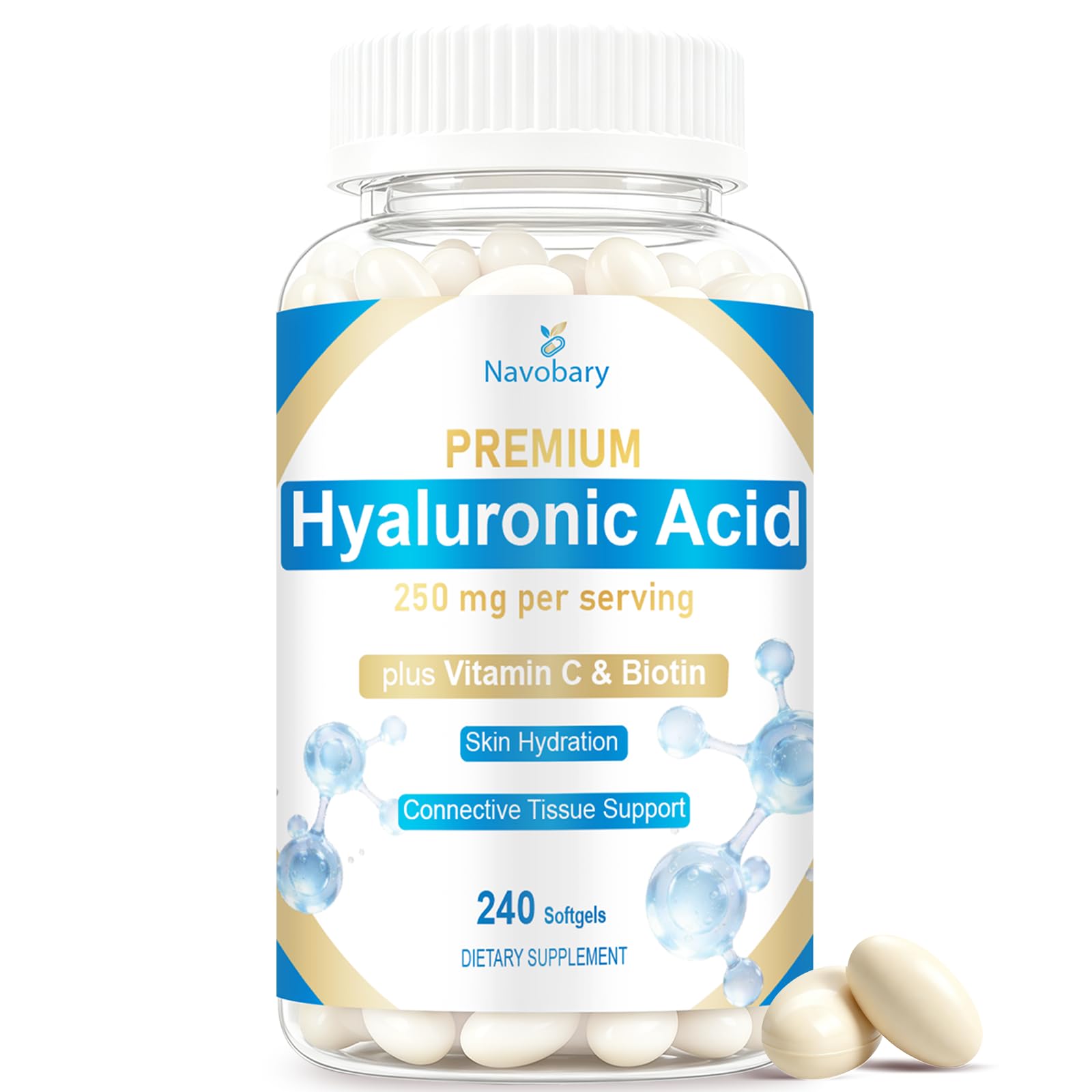 Navobary Hyaluronic Acid 250mg with Biotin 5000mcg & Vitamin C 25mg Softgels, 1 Count