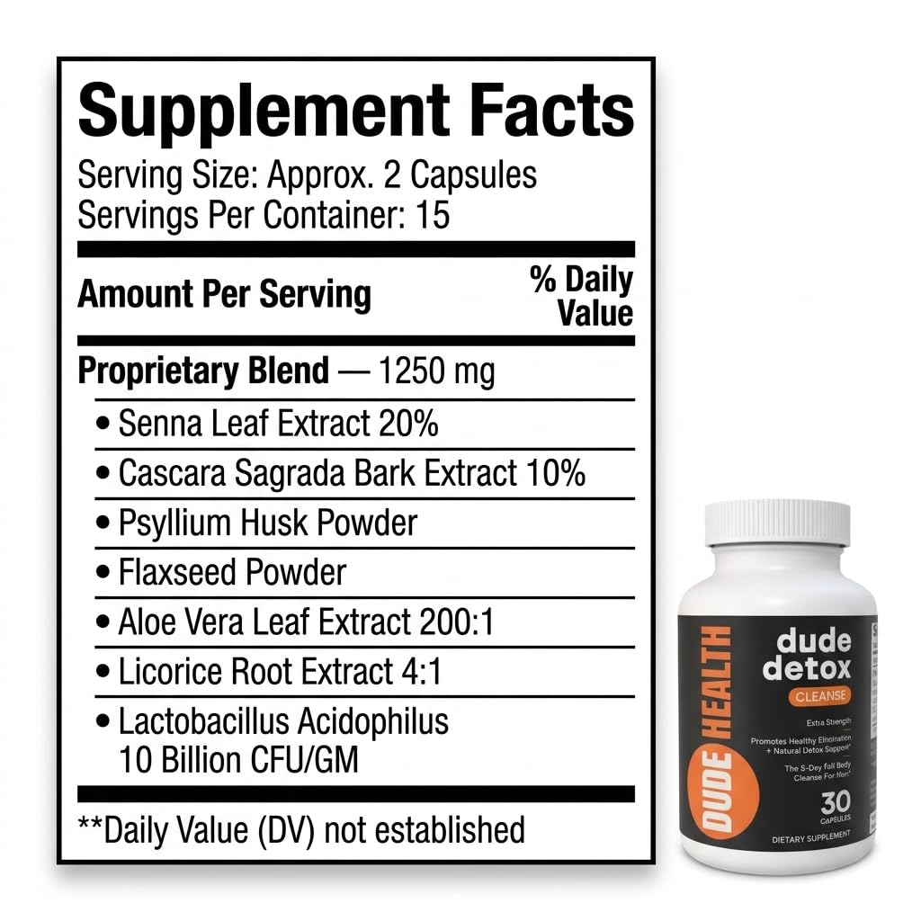 Dude Detox 5-Day Cleanse for Men Extra Strength Full Body Gut Reset 30 Capsules