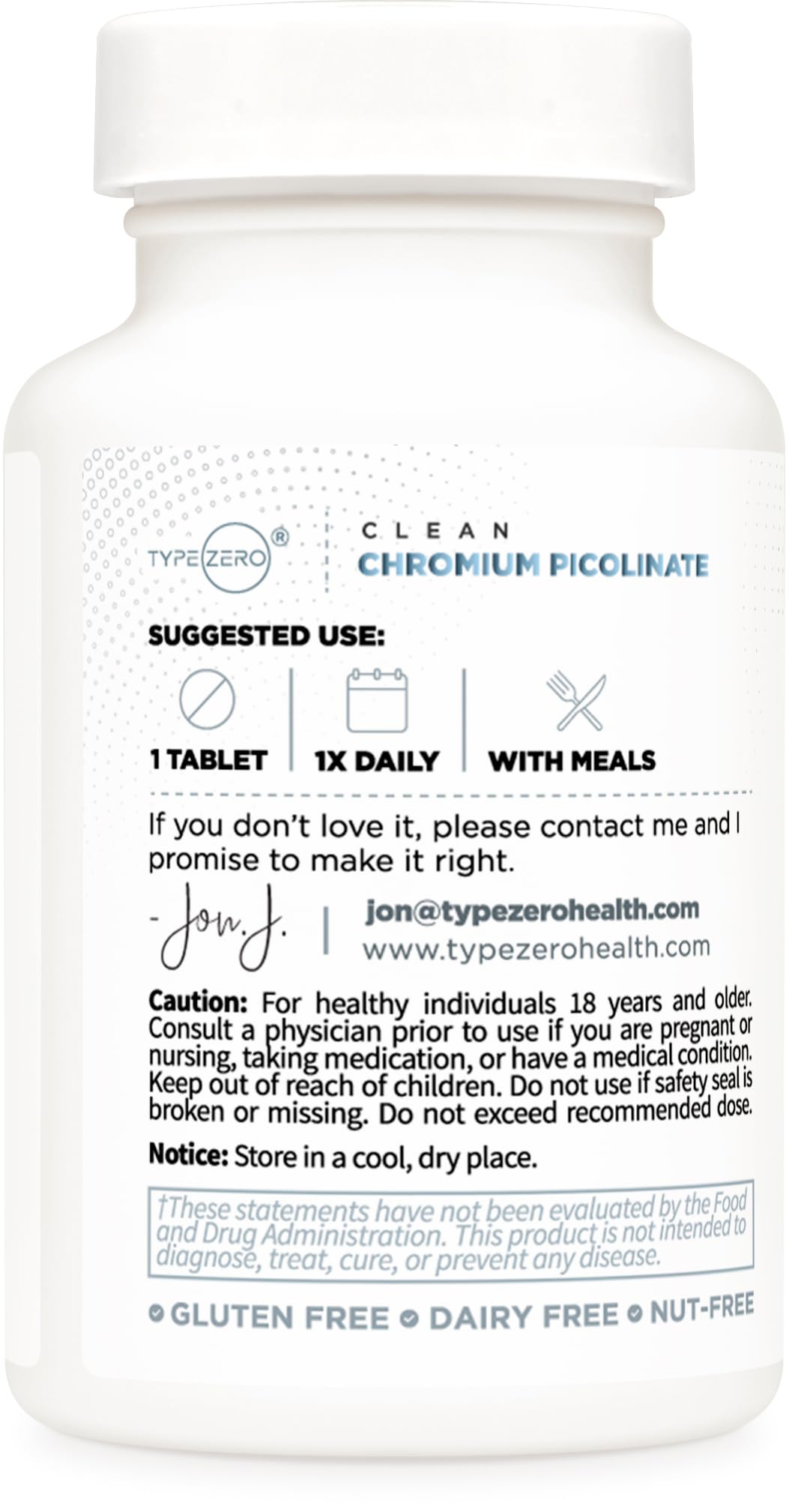 Type Zero Clean Chromium Picolinate (1000mcg) Tablets, 120 Count, Gluten-Free