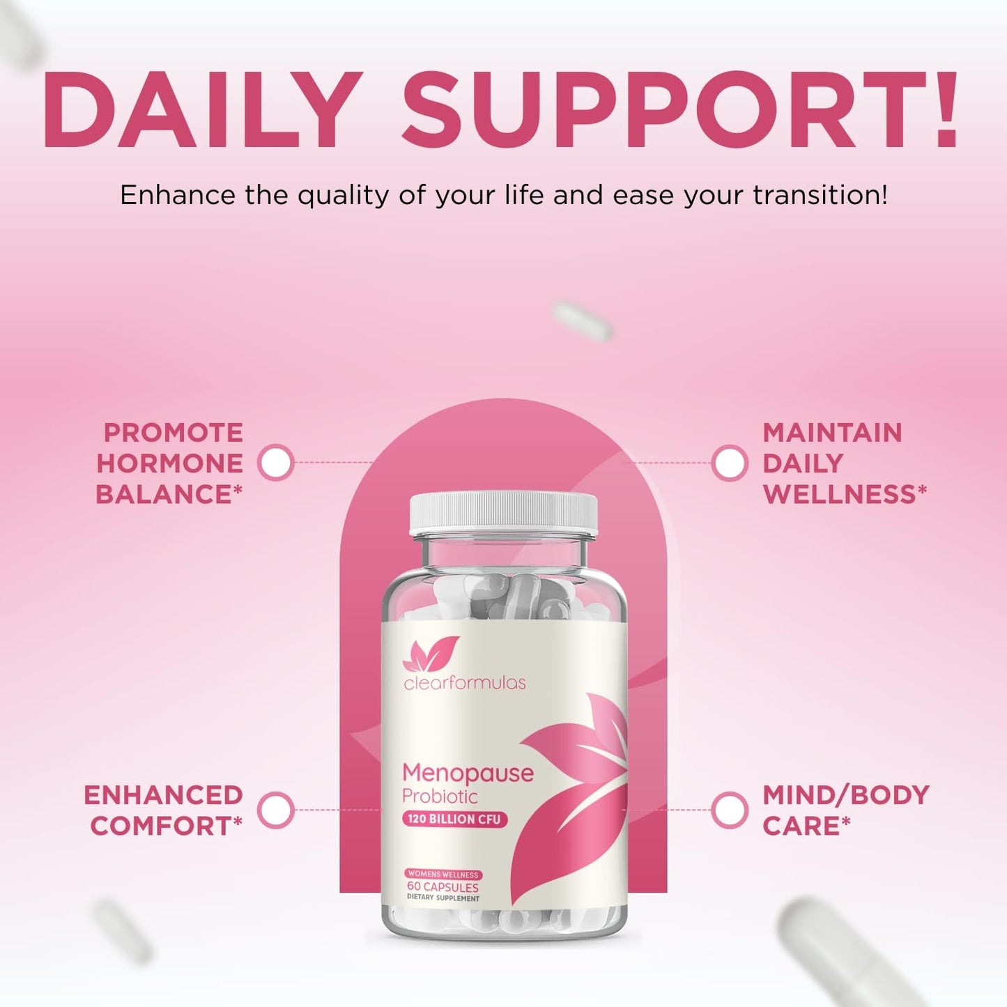 Clear Formulas 120 Billion CFU Menopause Probiotics for Women Complete Relief Formula with Prebiotics and Cranberry Extract 60 Capsules