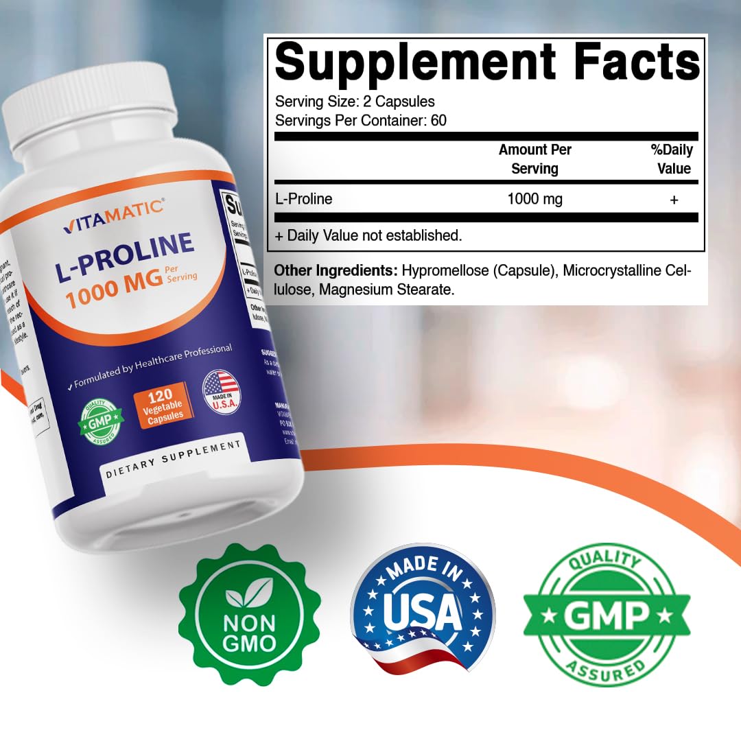 Vitamatic L-Proline 1000 mg Per Serving Free Form Amino Acid Supplement, Vegetarian Capsules, Non-GMO, Gluten Free, Made in USA, 120 Count