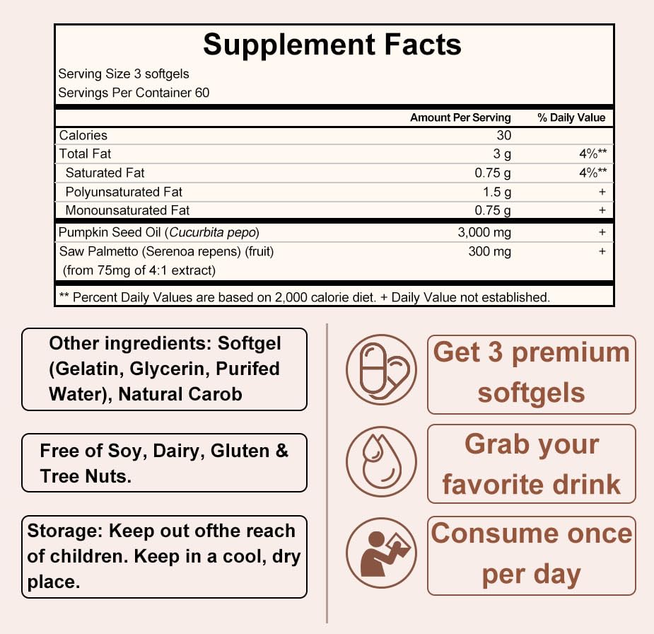 KITABIO Pumpkin Seed Oil Capsules with Saw Palmetto 3000mg Cold Pressed for Hair Growth - Non-GMO, 180 Softgels