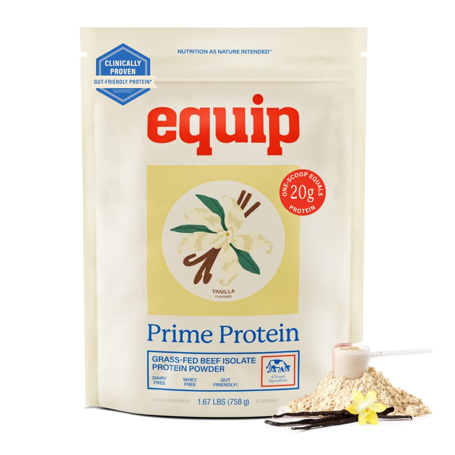 Equip Prime Protein Powder, Beef Protein Isolate, Vanilla, 30 Servings