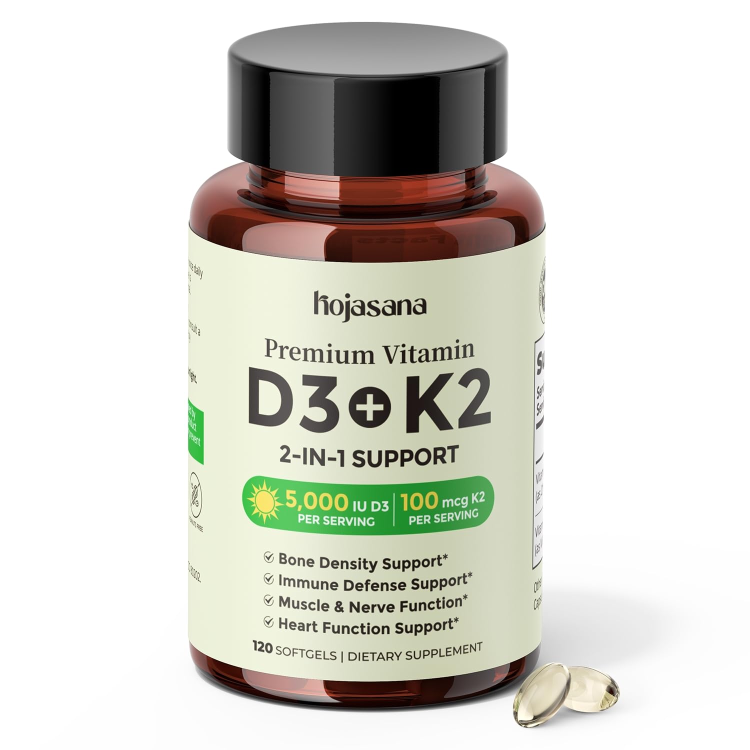 HojaSana Vitamin D3 K2 5000IU 100mcg MK-7 Softgel 120 Count